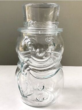 Vintage Libbey of Canada Clear Glass Snowman Jar &Lid 70s-80s Christmas Canister